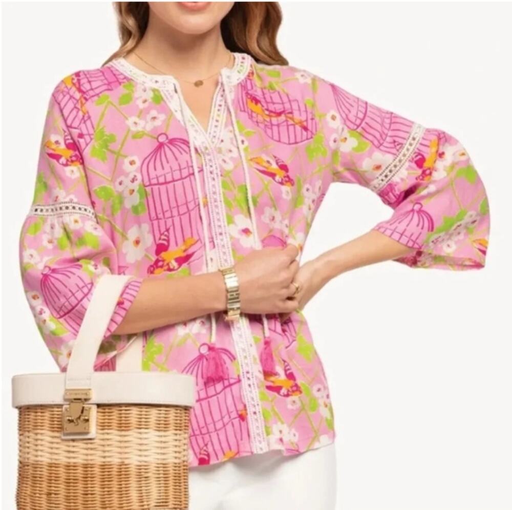 Spartina 449 Pink Wren Bird Cage Linen Bell Sleeve Blouse Tunic Top Size XL